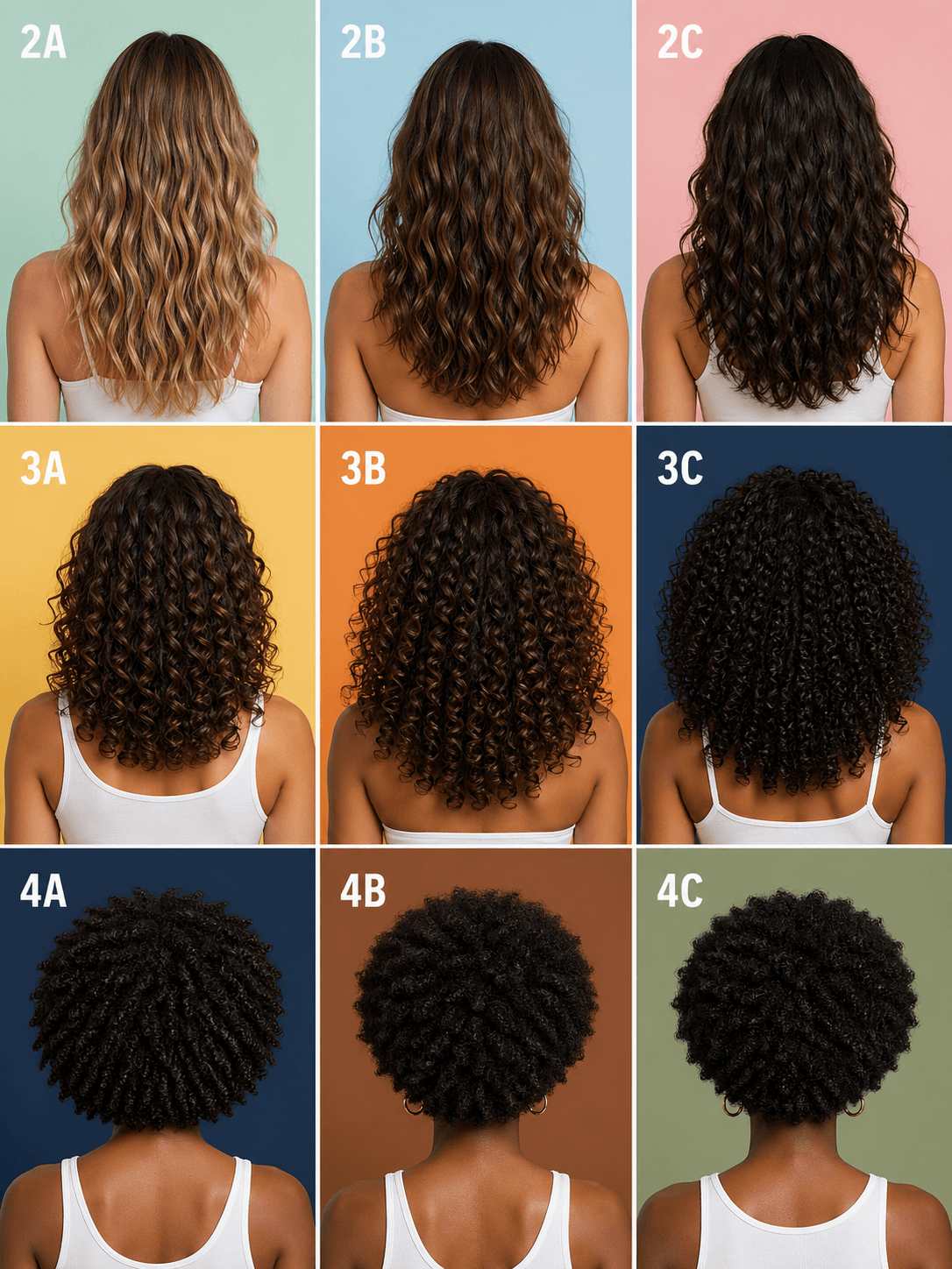 Hair type chart showing curl patterns 2A through 4C